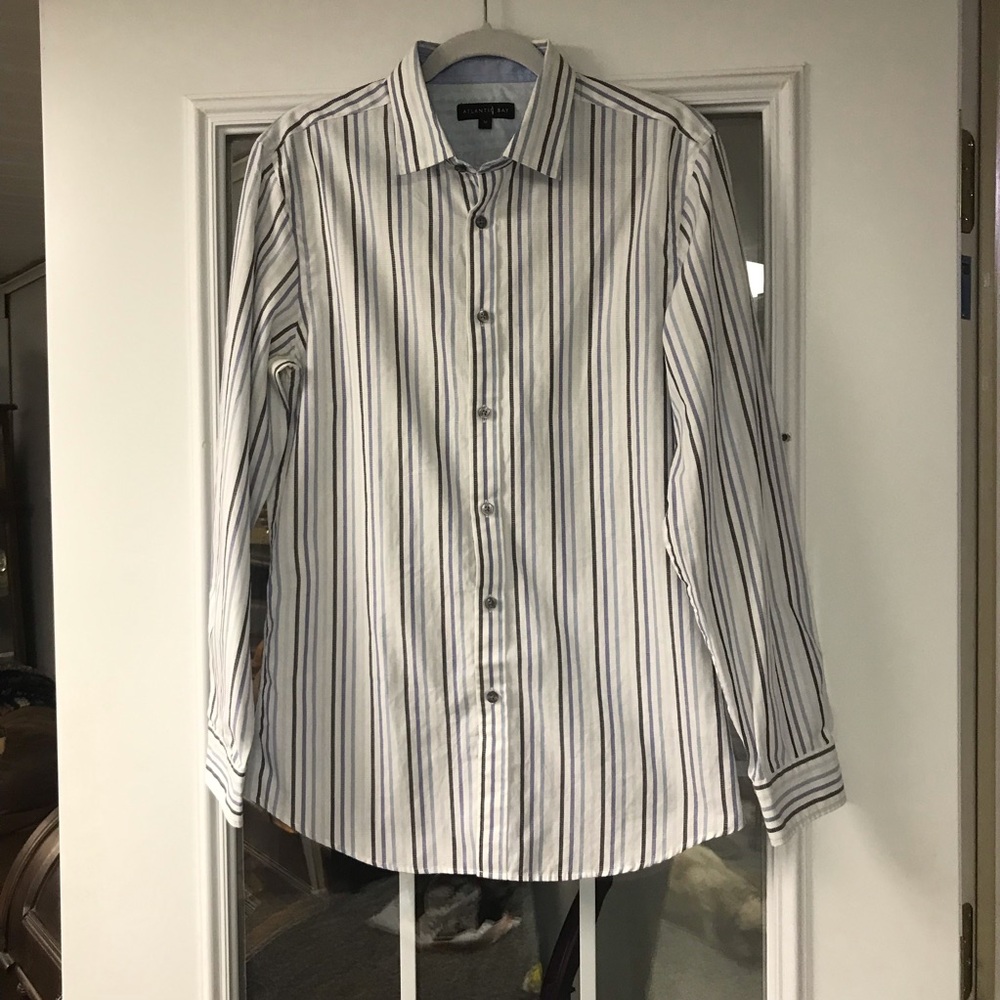 Men’s Classic Striped Button-Down Shirt - White and Black‎ and blue